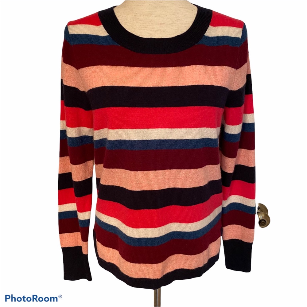 J. CREW SWEATER CREWNECK BLUE RED PINK CASHMERE STRIPED SIZE M